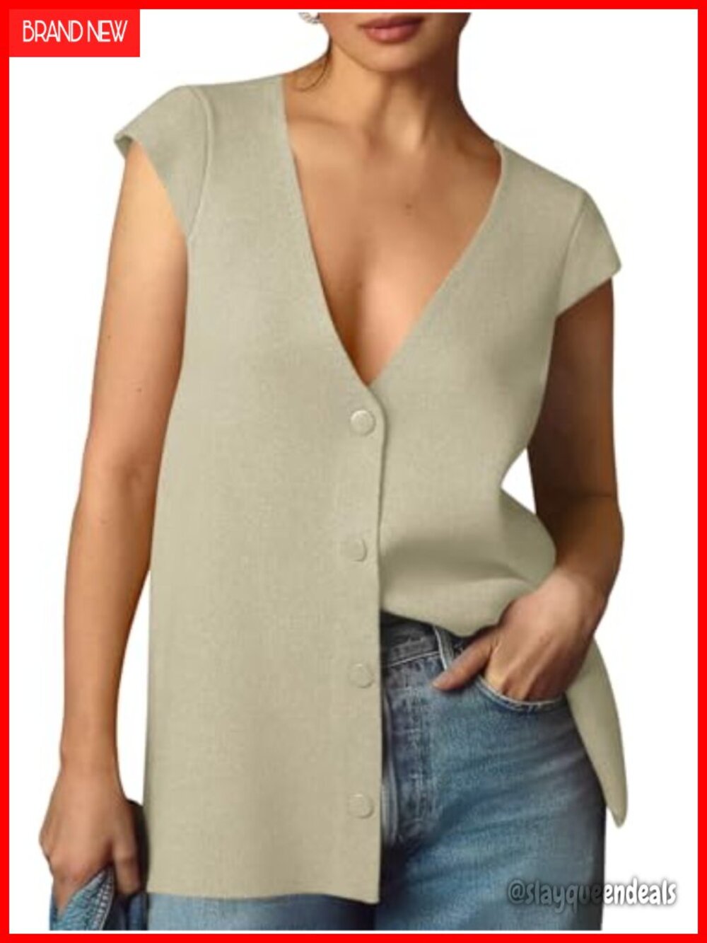 Deep V Neck Button Up Sweater Vest Sleeveless Knit Cap Sleeve Loose Fit